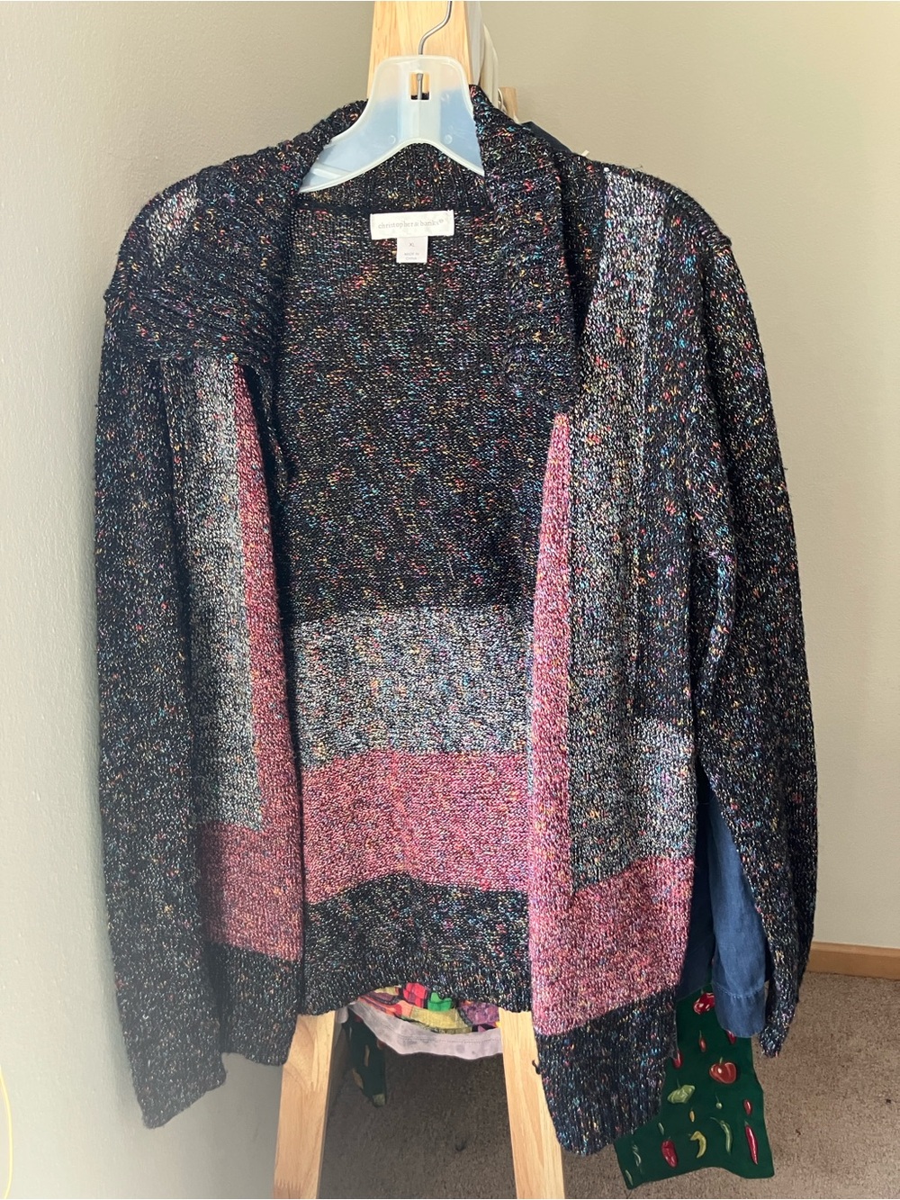 Christopher & Banks Black Multicolor Open-Front Cardigan with Pink Panels